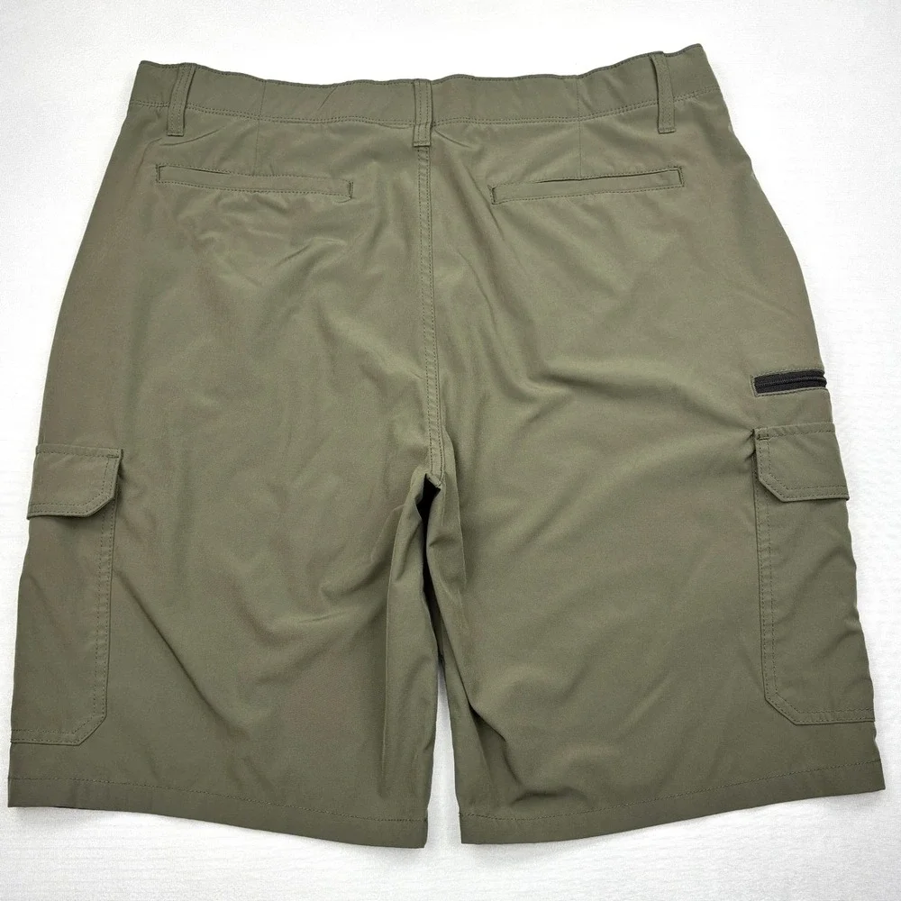 Iron Co Tech Stretch Cargo Shorts Mens Size 38 Olive Green Hiking Zipper Pocket
